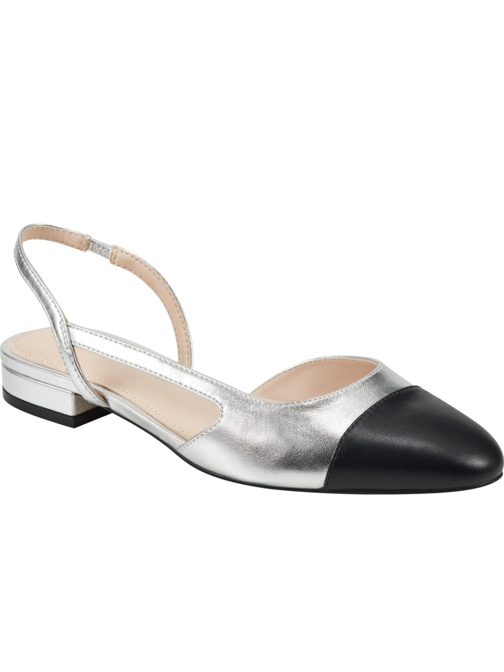 Marc Fisher Silver Slingback Flat with Black Cap Toe